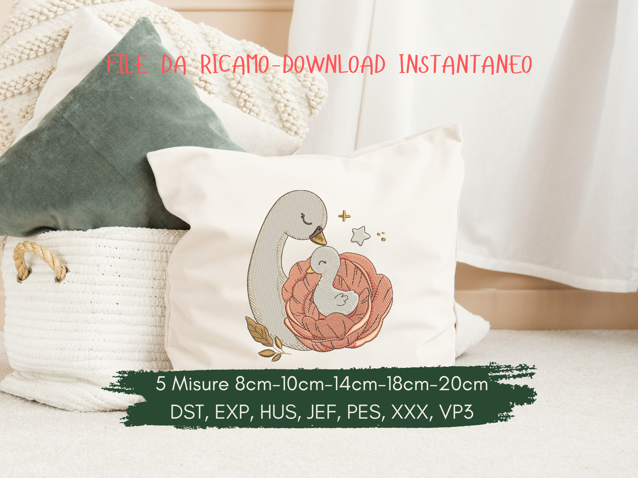 File da ricamo digitale - Mamma Cigno con Baby Cigno nel fiore