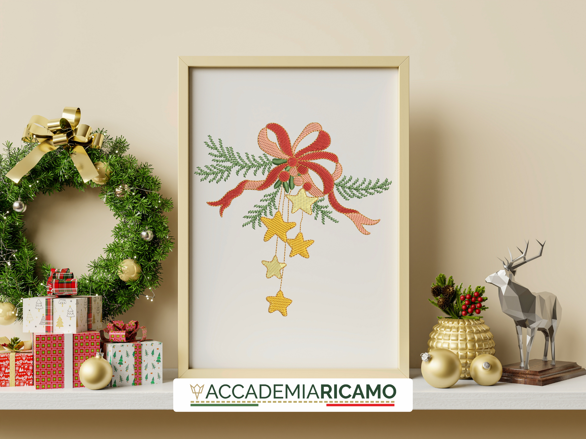 Decorazione Natalizia con Fiocco e Stelle - File da Ricamo Digitale - immagine 8